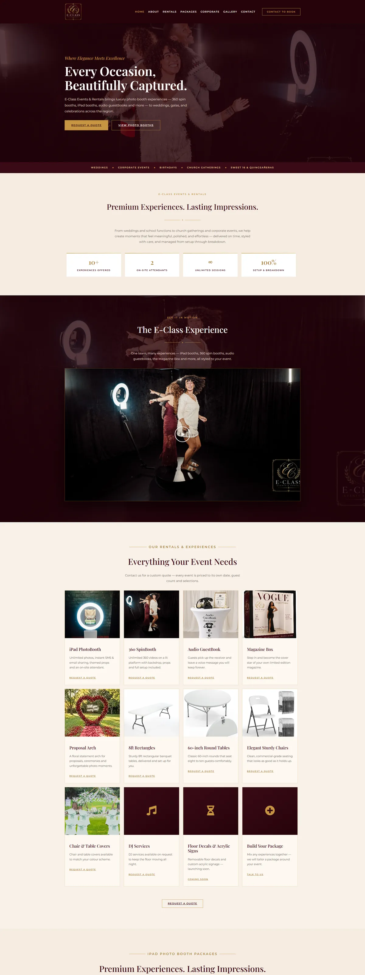 E-Class Events and Rentals — photo booth and event rental website designed by WebVerix